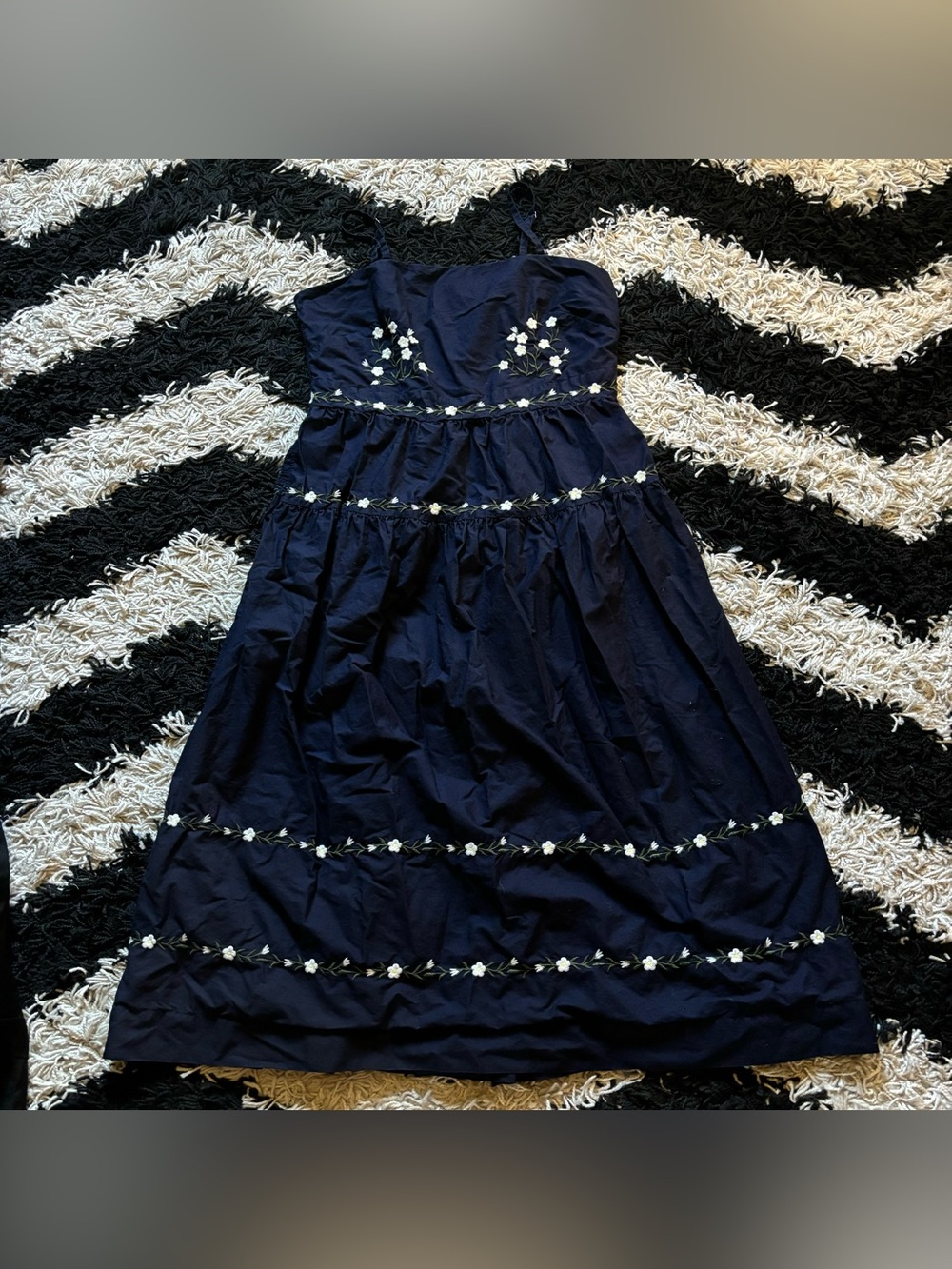 Cottagecore Navy Blue Embroidered White Floral Spaghetti Strap Maxi Dress